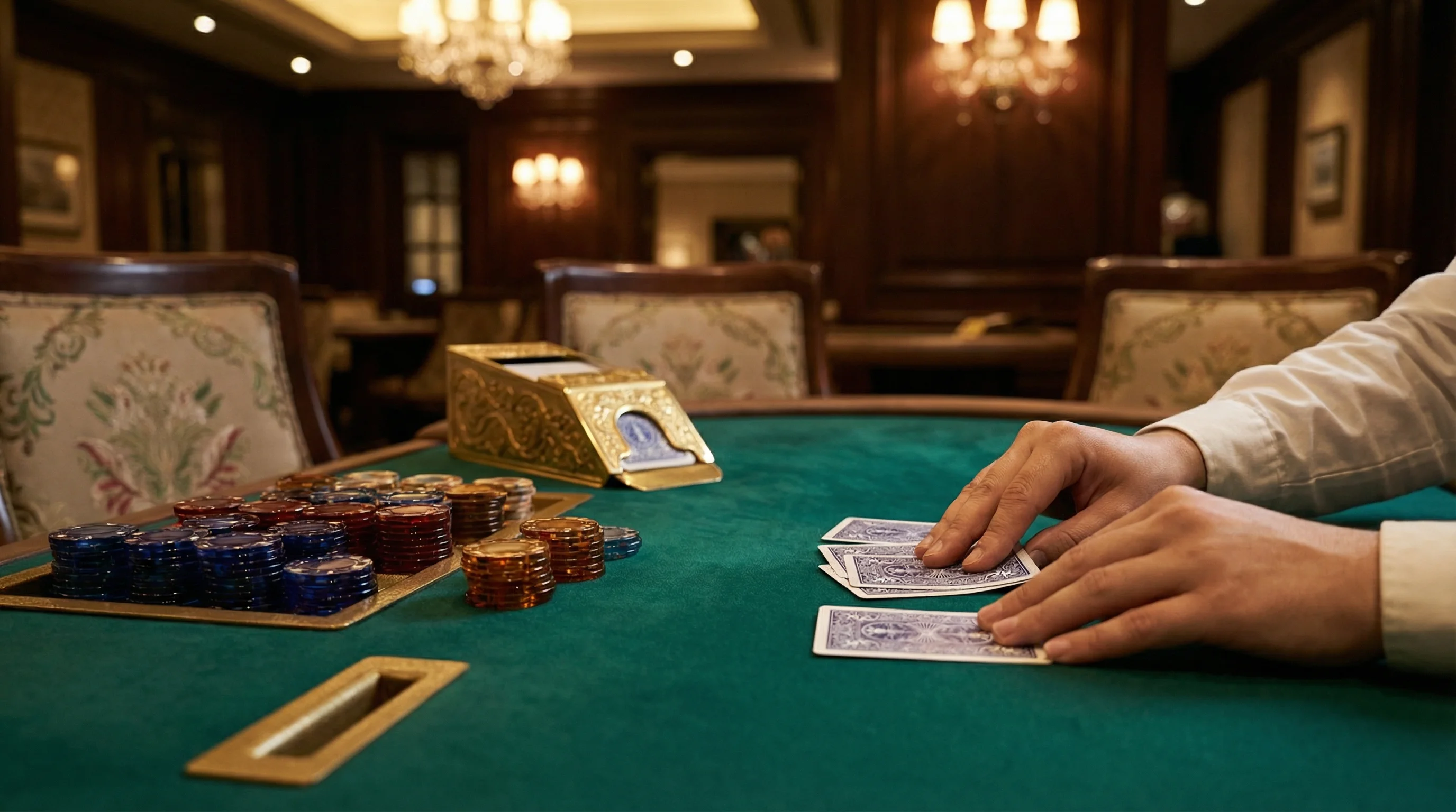 Mesa de bacará de lujo con cartas siendo repartidas