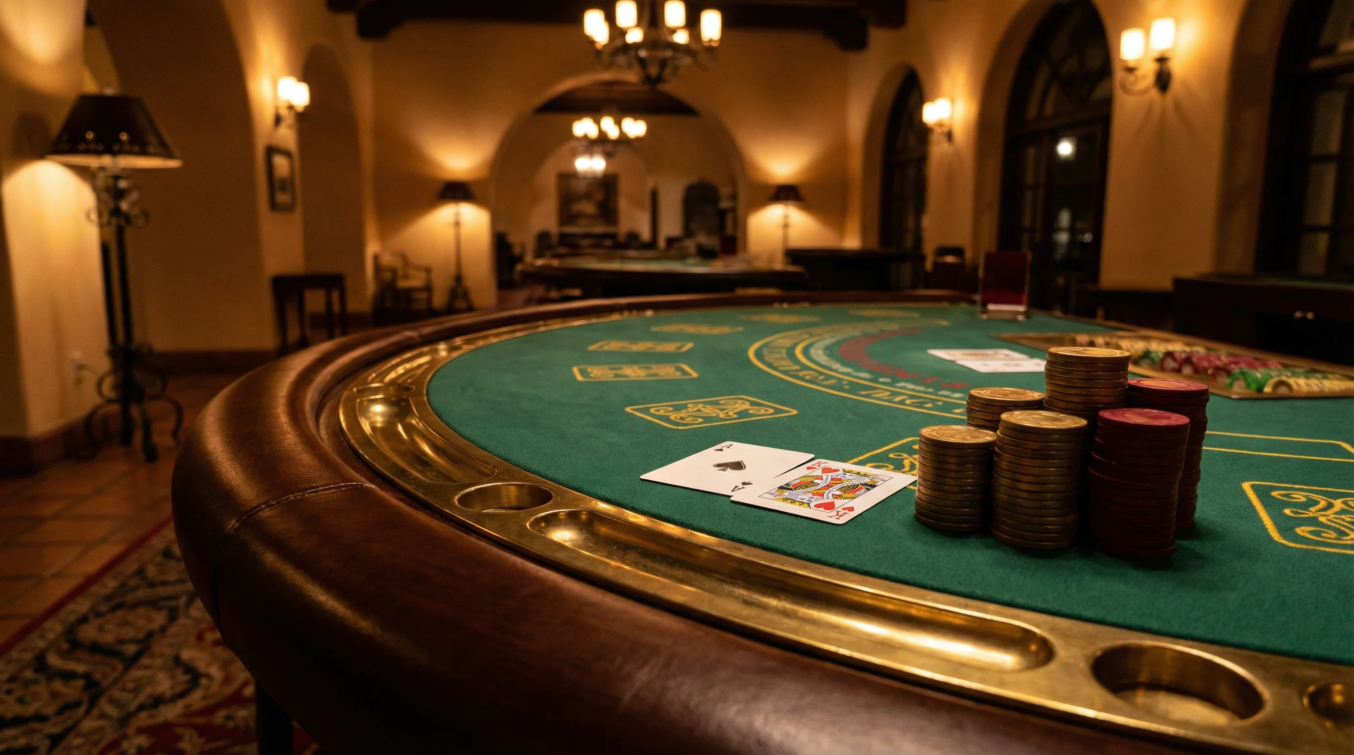 Mesa de blackjack elegante con cartas y fichas doradas