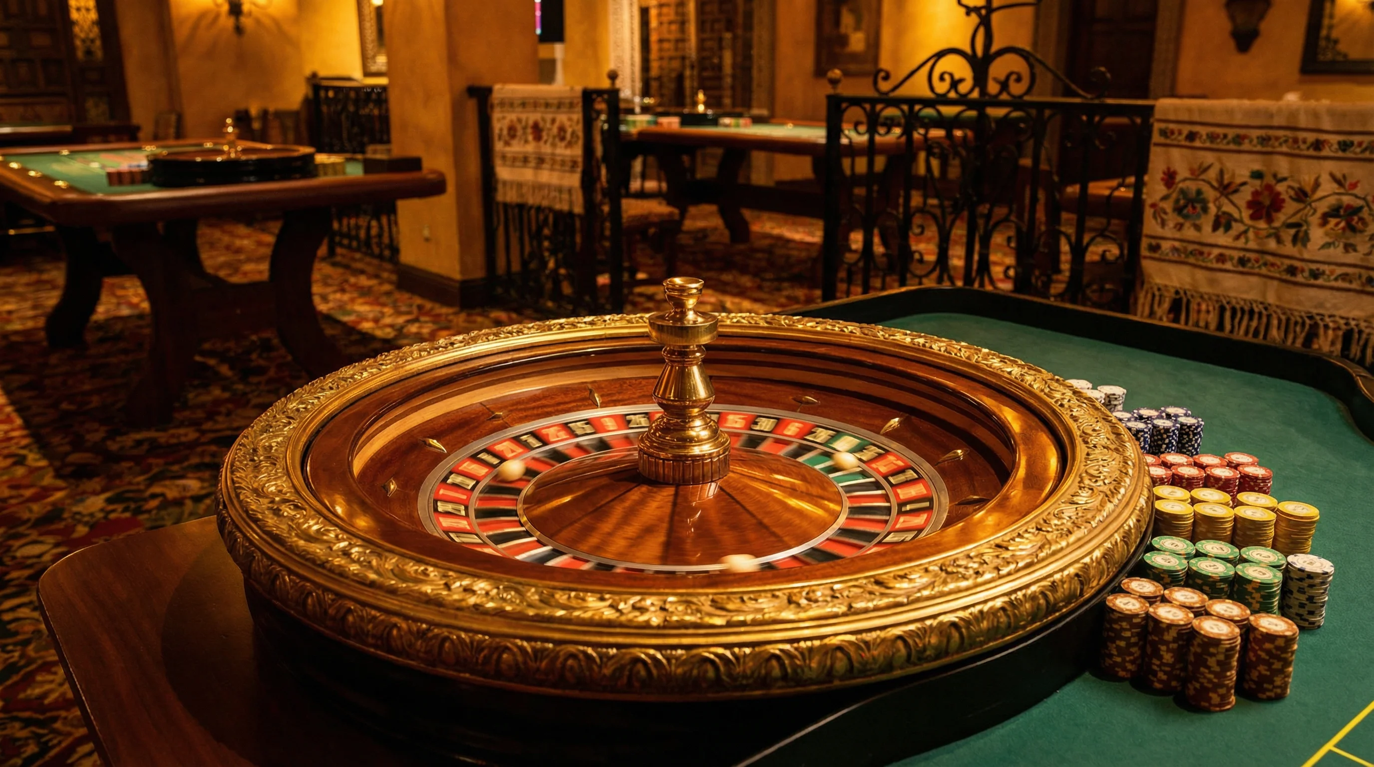 Ruleta europea dorada girando con fichas de colores